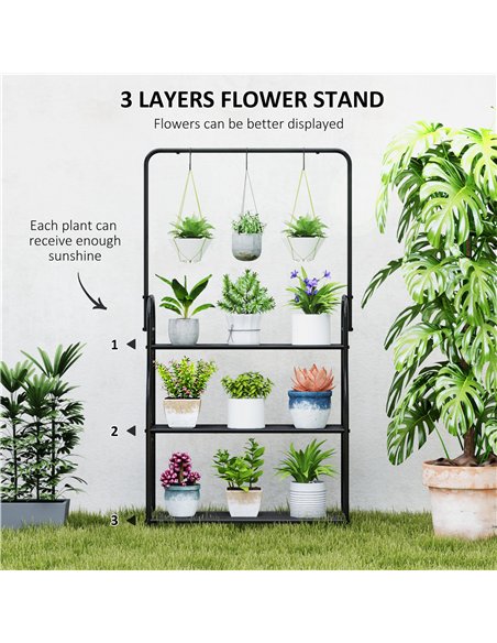 Outsunny 3 Tier Plant Stand with Hanging Rod and Hooks, Metal Plant Rack Shelf, Ladder Flower Pot for Indoor Outdoor Porch Balco - pic 163760 | FastDaddyshop