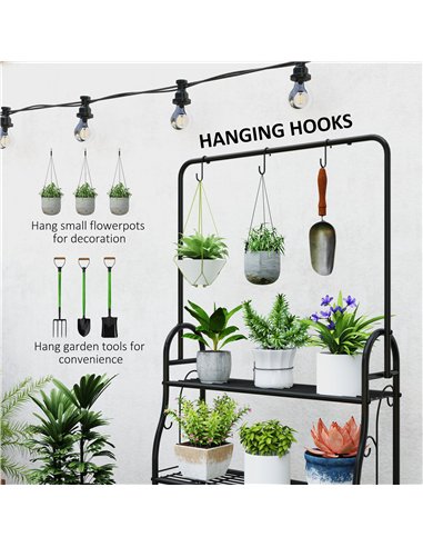 Outsunny 3 Tier Plant Stand with Hanging Rod and Hooks, Metal Plant Rack Shelf, Ladder Flower Pot for Indoor Outdoor Porch Balco