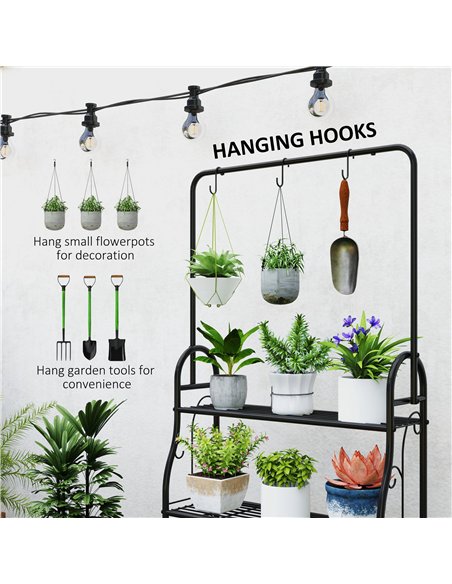Outsunny 3 Tier Plant Stand with Hanging Rod and Hooks, Metal Plant Rack Shelf, Ladder Flower Pot for Indoor Outdoor Porch Balco - pic 163761 | FastDaddyshop