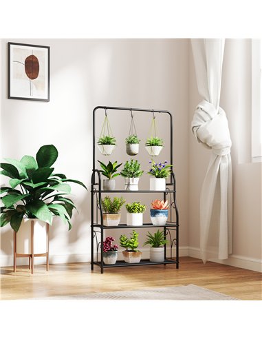 Outsunny 3 Tier Plant Stand with Hanging Rod and Hooks, Metal Plant Rack Shelf, Ladder Flower Pot for Indoor Outdoor Porch Balco
