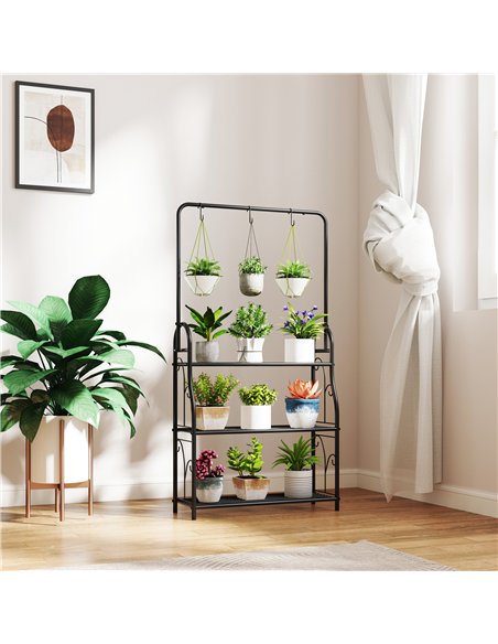 Outsunny 3 Tier Plant Stand with Hanging Rod and Hooks, Metal Plant Rack Shelf, Ladder Flower Pot for Indoor Outdoor Porch Balco - pic 163763 | FastDaddyshop