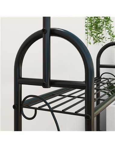 Outsunny 3 Tier Plant Stand with Hanging Rod and Hooks, Metal Plant Rack Shelf, Ladder Flower Pot for Indoor Outdoor Porch Balco