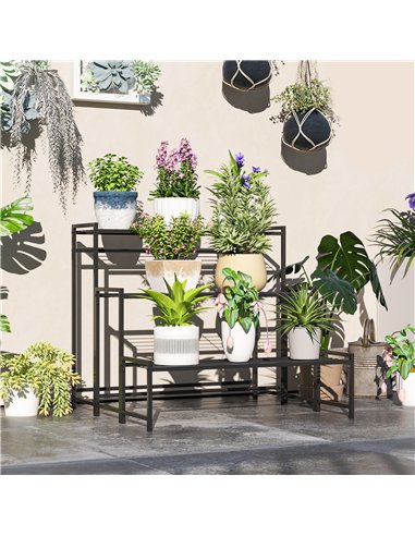 Outsunny Three-Tier Metal Plant Shelf - Black