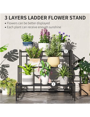 Outsunny Three-Tier Metal Plant Shelf - Black