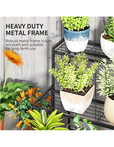 Outsunny Three-Tier Metal Plant Shelf - Black