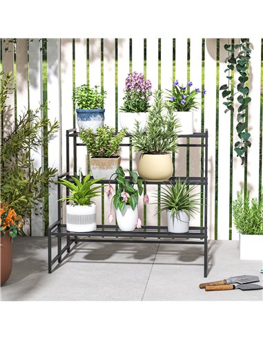 Outsunny Three-Tier Metal Plant Shelf - Black