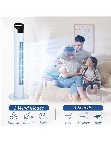 Homcom 31'' Oscillating Tower Fan with 3 Speed, 3 Mode, Timer, LED, Remote, White