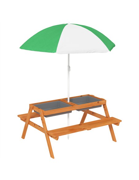 Outsunny Kids Picnic Table with Benches, Wooden Sand and Water Table, Adjustable Parasol, Storage Bins, for Kids 3-6 Years, Brow - pic 163847 | FastDaddyshop