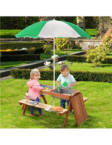 Outsunny Kids Picnic Table with Benches, Wooden Sand and Water Table, Adjustable Parasol, Storage Bins, for Kids 3-6 Years, Brow