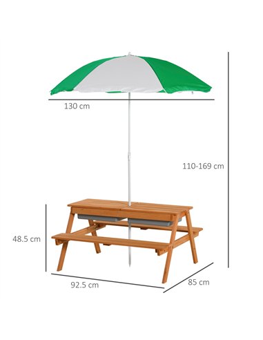 Outsunny Kids Picnic Table with Benches, Wooden Sand and Water Table, Adjustable Parasol, Storage Bins, for Kids 3-6 Years, Brow