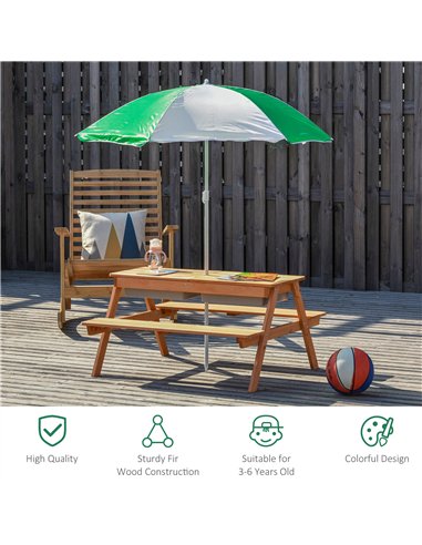 Outsunny Kids Picnic Table with Benches, Wooden Sand and Water Table, Adjustable Parasol, Storage Bins, for Kids 3-6 Years, Brow