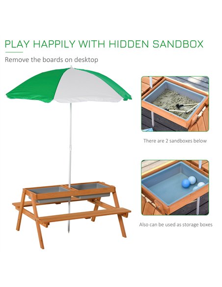 Outsunny Kids Picnic Table with Benches, Wooden Sand and Water Table, Adjustable Parasol, Storage Bins, for Kids 3-6 Years, Brow - pic 163852 | FastDaddyshop