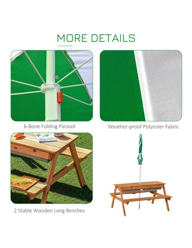 Outsunny Kids Picnic Table with Benches, Wooden Sand and Water Table, Adjustable Parasol, Storage Bins, for Kids 3-6 Years, Brow