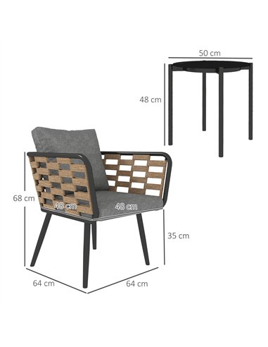 Outsunny 3 Pieces Rattan Bistro Set with Washable Seat and Back Cushions, Glass Top Coffee Table, for Outdoor, Patio, Black