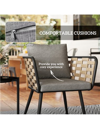 Outsunny 3 Pieces Rattan Bistro Set with Washable Seat and Back Cushions, Glass Top Coffee Table, for Outdoor, Patio, Black