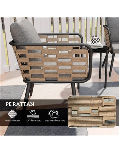 Outsunny 3 Pieces Rattan Bistro Set with Washable Seat and Back Cushions, Glass Top Coffee Table, for Outdoor, Patio, Black