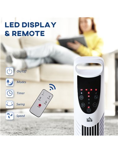Homcom 36'' Oscillation Tower Fan with 3 Speed, 3 Mode, 7.5h Timer, LED Panel, Remote Controller, White