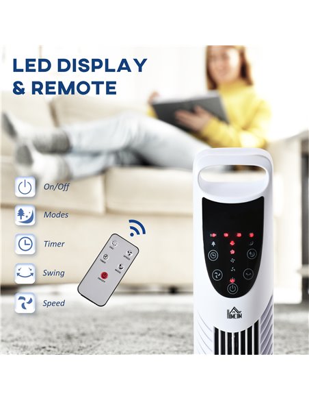 Homcom 36'' Oscillation Tower Fan with 3 Speed, 3 Mode, 7.5h Timer, LED Panel, Remote Controller, White - pic 16387 | FastDaddyshop