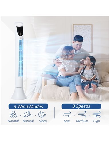 HOMCOM 36'' Freestanding Tower Fan, 3 Speed 3 Mode, 7.5h Timer, 70 Degree Oscillation, LED Panel, 5M Remote Controller, White