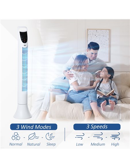HOMCOM 36'' Freestanding Tower Fan, 3 Speed 3 Mode, 7.5h Timer, 70 Degree Oscillation, LED Panel, 5M Remote Controller, White - pic 16388 | FastDaddyshop