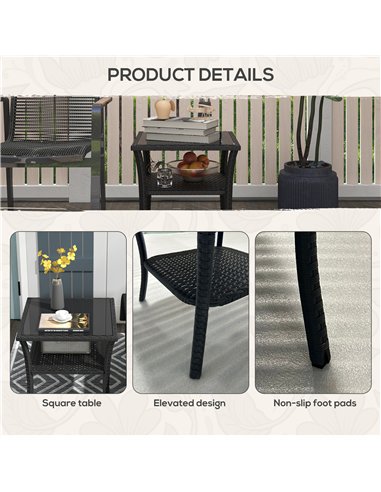 Outsunny Two-tier PE Rattan Square Coffee Table - Black