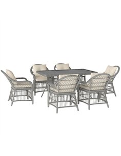 Outsunny Rattan Dining Set with Seat and Back Cushions, 6 Seater Garden Furniture Set with Aluminium Frame, 6 Chairs, WPC Top Re