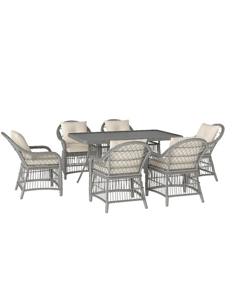 Outsunny Rattan Dining Set with Seat and Back Cushions, 6 Seater Garden Furniture Set with Aluminium Frame, 6 Chairs, WPC Top Re - pic 163901 | FastDaddyshop