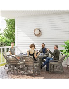 Outsunny Rattan Dining Set with Seat and Back Cushions, 6 Seater Garden Furniture Set with Aluminium Frame, 6 Chairs, WPC Top Re 2
