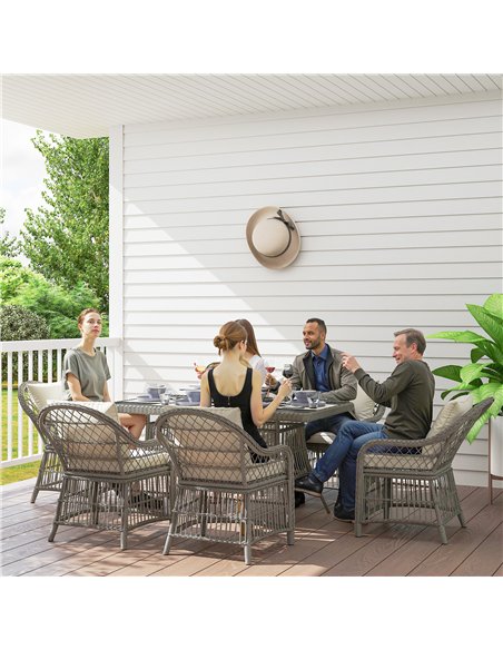 Outsunny Rattan Dining Set with Seat and Back Cushions, 6 Seater Garden Furniture Set with Aluminium Frame, 6 Chairs, WPC Top Re - pic 163902 | FastDaddyshop