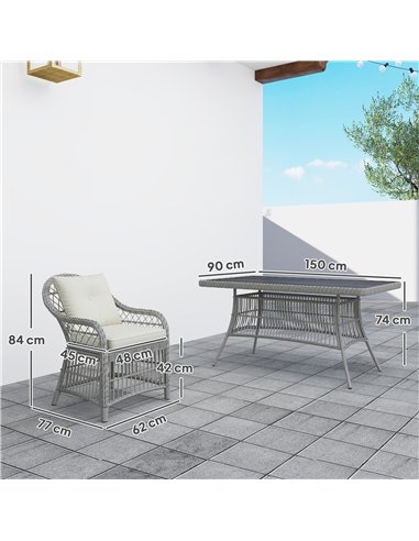 Outsunny Rattan Dining Set with Seat and Back Cushions, 6 Seater Garden Furniture Set with Aluminium Frame, 6 Chairs, WPC Top Re
