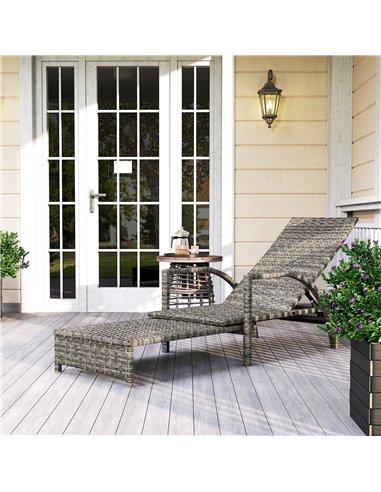 Outsunny Reclining Rattan Lounger, with Extending Footrest - Grey