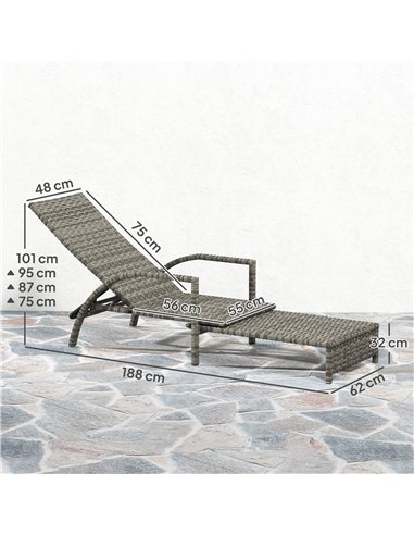 Outsunny Reclining Rattan Lounger, with Extending Footrest - Grey