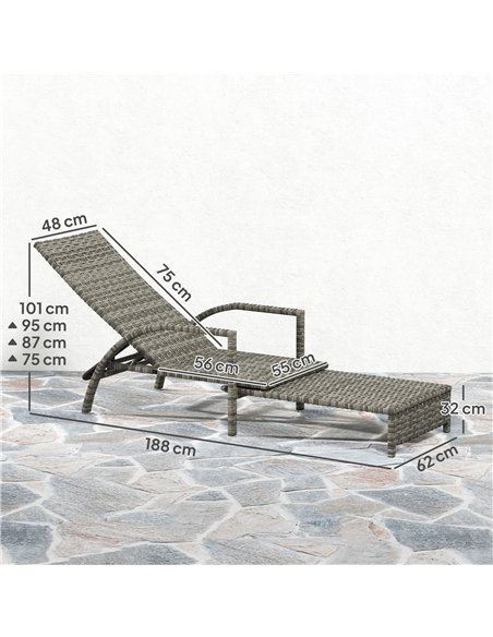 Outsunny Reclining Rattan Lounger, with Extending Footrest - Grey - pic 163921 | FastDaddyshop