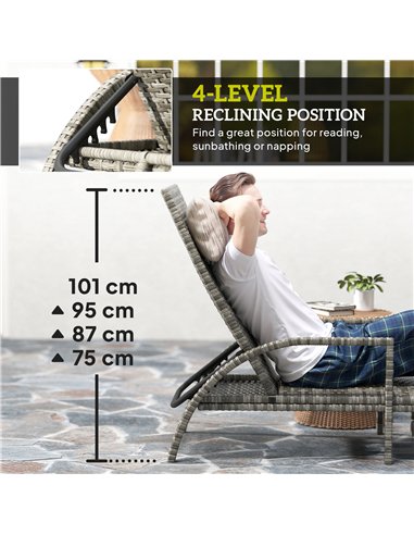 Outsunny Reclining Rattan Lounger, with Extending Footrest - Grey
