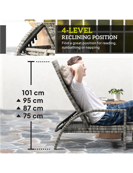Outsunny Reclining Rattan Lounger, with Extending Footrest - Grey - pic 163922 | FastDaddyshop