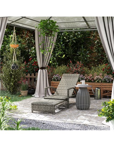 Outsunny Reclining Rattan Lounger, with Extending Footrest - Grey