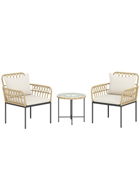 Outsunny 3 Piece Rattan Bistro Set, Wicker Garden Furniture Set with Cushions, Glass Top Coffee Table and Chairs for Outdoor, Pa - pic 163937 | FastDaddyshop