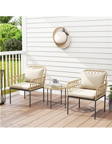 Outsunny 3 Piece Rattan Bistro Set, Wicker Garden Furniture Set with Cushions, Glass Top Coffee Table and Chairs for Outdoor, Pa