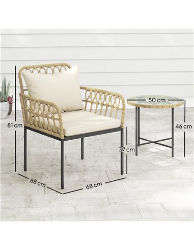 Outsunny 3 Piece Rattan Bistro Set, Wicker Garden Furniture Set with Cushions, Glass Top Coffee Table and Chairs for Outdoor, Pa