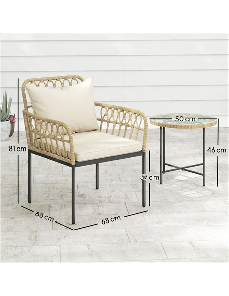 Outsunny 3 Piece Rattan Bistro Set, Wicker Garden Furniture Set with Cushions, Glass Top Coffee Table and Chairs for Outdoor, Pa - pic 163939 | FastDaddyshop