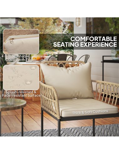 Outsunny 3 Piece Rattan Bistro Set, Wicker Garden Furniture Set with Cushions, Glass Top Coffee Table and Chairs for Outdoor, Pa