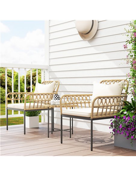 Outsunny 3 Piece Rattan Bistro Set, Wicker Garden Furniture Set with Cushions, Glass Top Coffee Table and Chairs for Outdoor, Pa - pic 163943 | FastDaddyshop