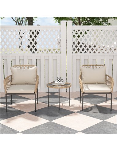 Outsunny 3 Piece Rattan Bistro Set, Wicker Garden Furniture Set with Cushions, Glass Top Coffee Table and Chairs for Outdoor, Pa