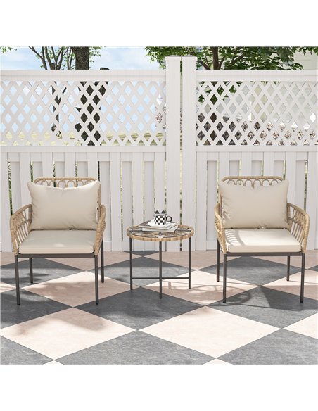 Outsunny 3 Piece Rattan Bistro Set, Wicker Garden Furniture Set with Cushions, Glass Top Coffee Table and Chairs for Outdoor, Pa - pic 163944 | FastDaddyshop