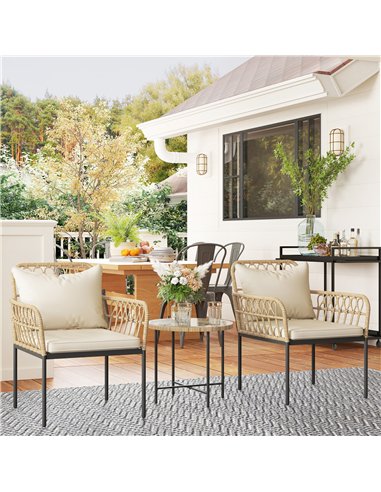Outsunny 3 Piece Rattan Bistro Set, Wicker Garden Furniture Set with Cushions, Glass Top Coffee Table and Chairs for Outdoor, Pa