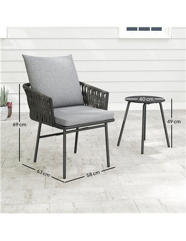 Outsunny 3-Piece Rattan Bistro Set, Garden Table and Chairs with 4 Cushions, Patio Rattan Conversation Furniture Set for Balcony