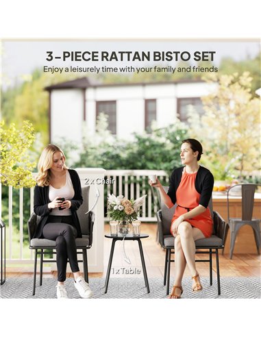 Outsunny 3-Piece Rattan Bistro Set, Garden Table and Chairs with 4 Cushions, Patio Rattan Conversation Furniture Set for Balcony