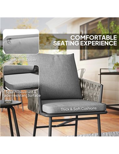 Outsunny 3-Piece Rattan Bistro Set, Garden Table and Chairs with 4 Cushions, Patio Rattan Conversation Furniture Set for Balcony