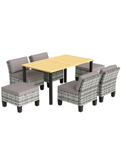 Outsunny 7-Piece Rattan Garden Dining Set, 6 Seater Wicker Garden Furniture Set with Seat and Back Cushions, Umbrella Hole, Pati