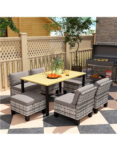 Outsunny 7-Piece Rattan Garden Dining Set, 6 Seater Wicker Garden Furniture Set with Seat and Back Cushions, Umbrella Hole, Pati